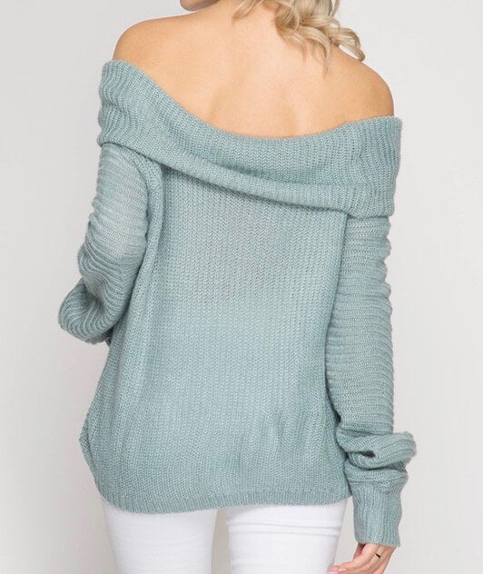 Long Sleeve Off the Shoulder Sweater in Slate Blue