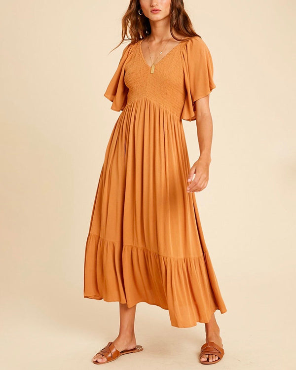 Freya Flutter Sleeve Smocked Midi Dress in Orange
