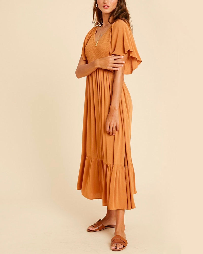 Freya Flutter Sleeve Smocked Midi Dress in Orange