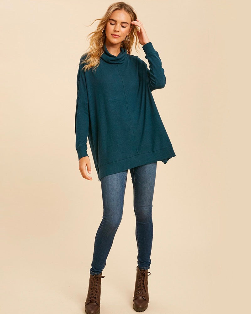 Hattie hacci knit cowl-neck sweater, dark teal green full outfit view with jeans