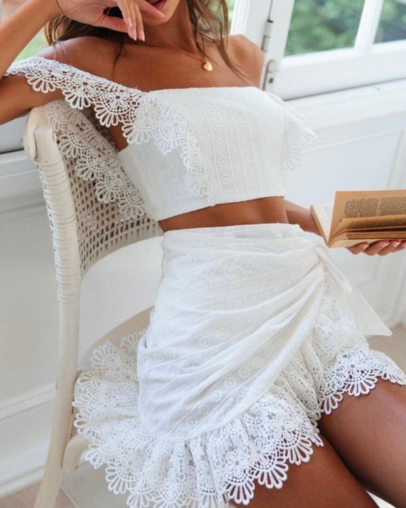 White Crochet Trim Two Piece Outfit Set