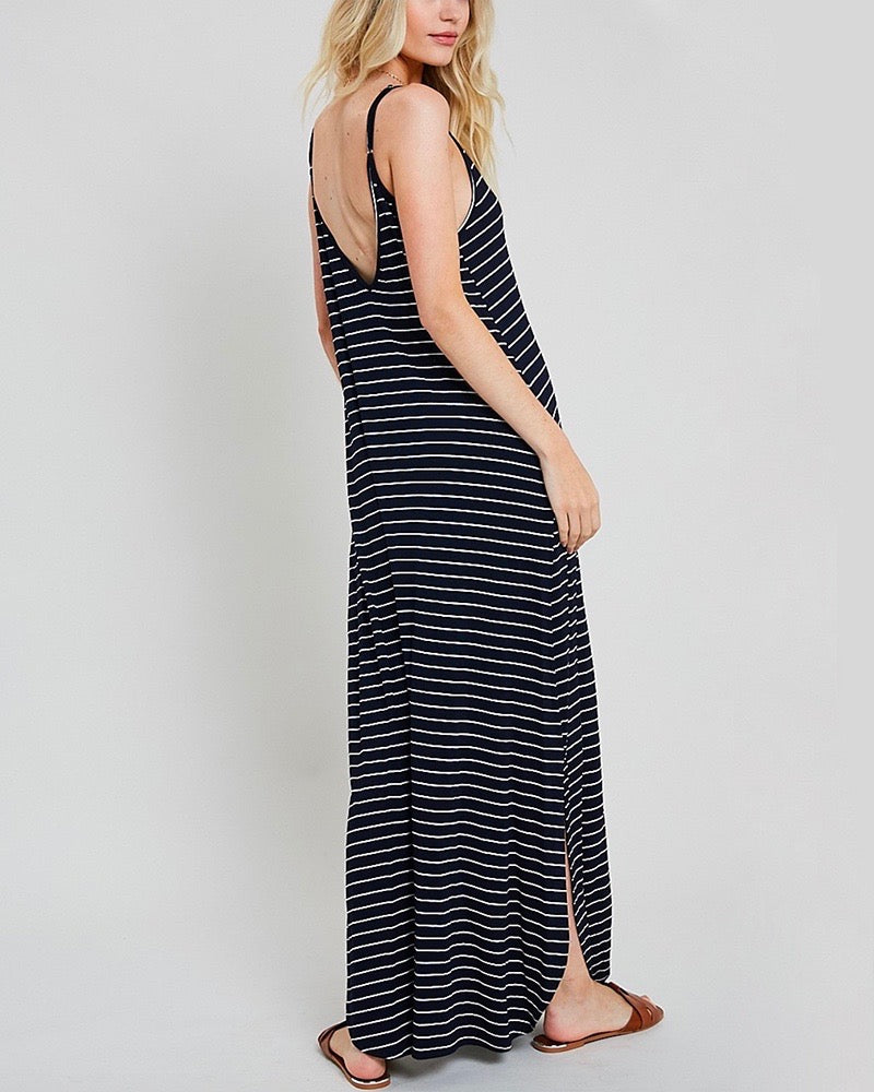 Weekend Striped Cami Maxi Dress with Pockets - Navy/White