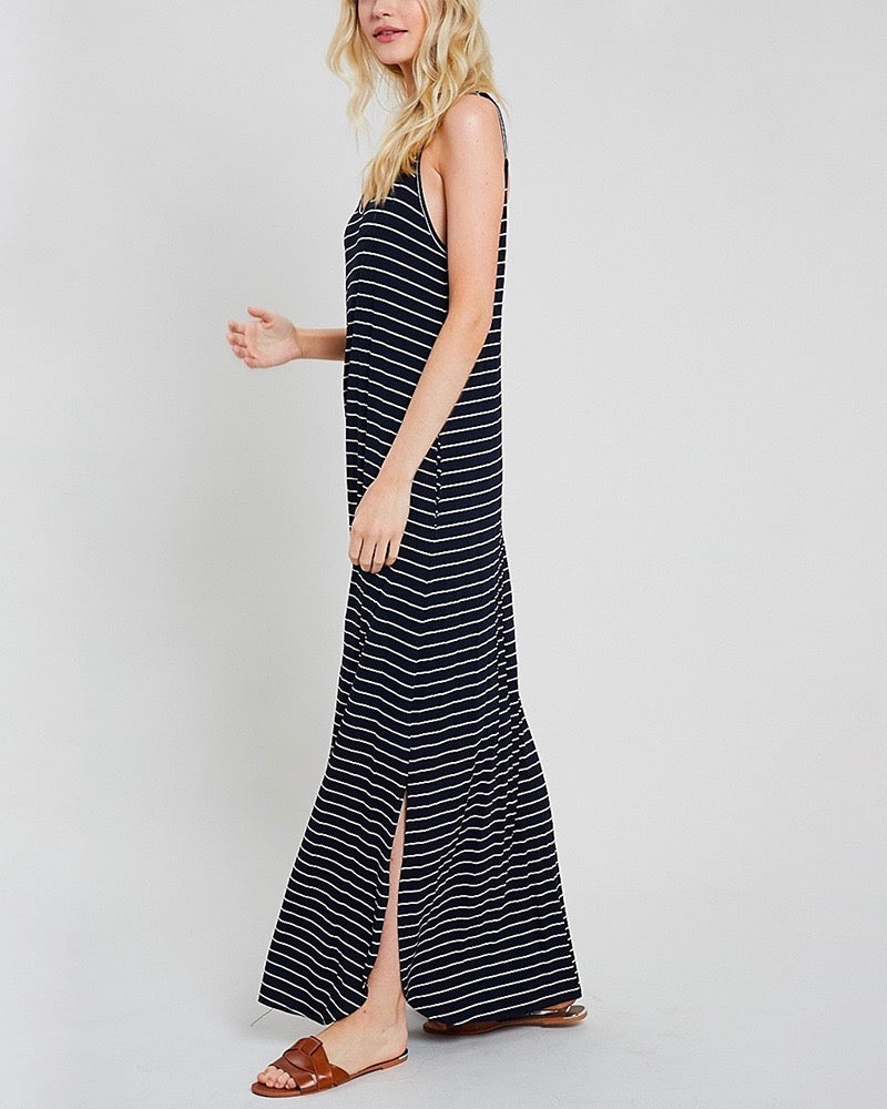 Weekend Striped Cami Maxi Dress with Pockets - Navy/White