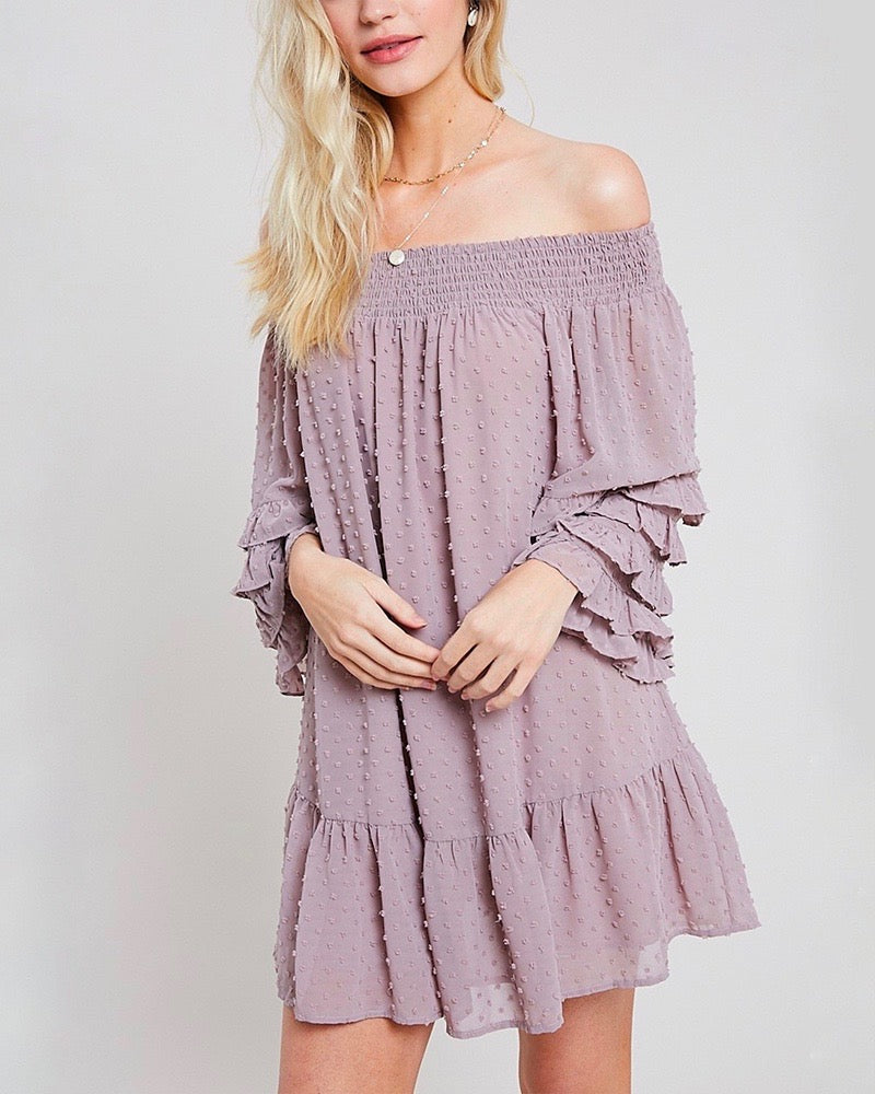 Swiss Dot Ruffle Tiered Sleeve Off-The-Shoulder Tunic Dress in Misty Lavender