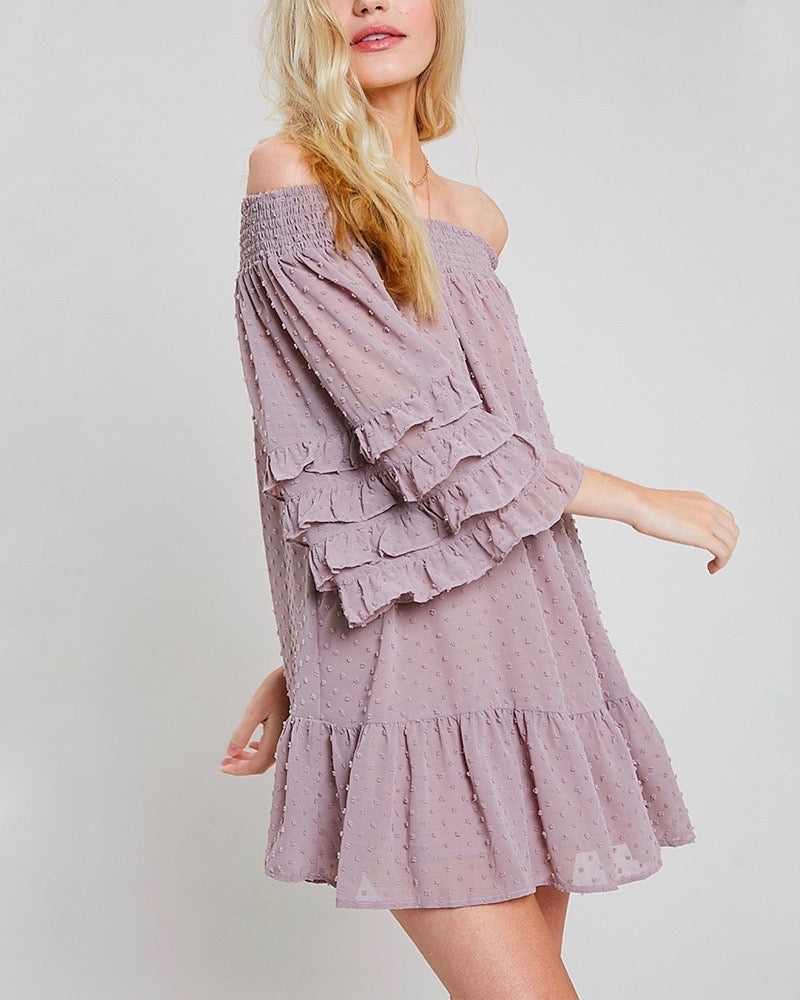 Swiss Dot Ruffle Tiered Sleeve Off-The-Shoulder Tunic Dress in Misty Lavender