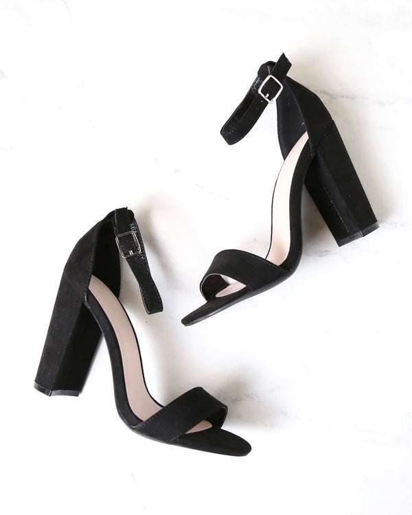 Sassy Ankle Strap Chunky Heels in Black Suede