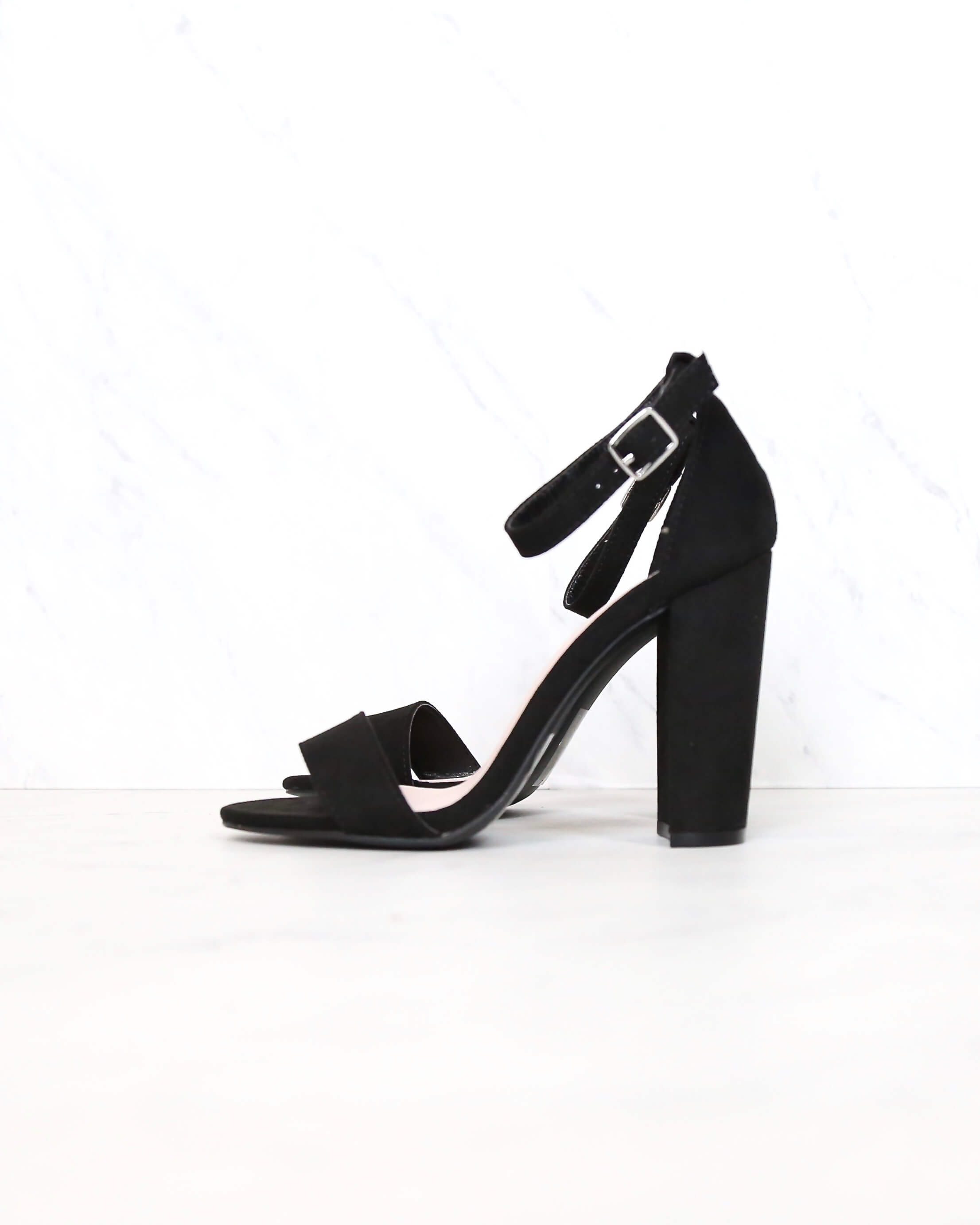 Black Suede Sassy Ankle Strap Chunky Heels Qupid Shoes Cashmere01