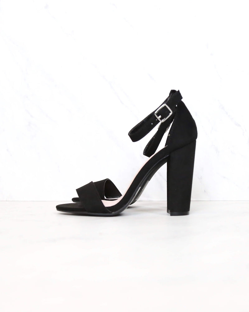 Sassy Ankle Strap Chunky Heels in Black Suede