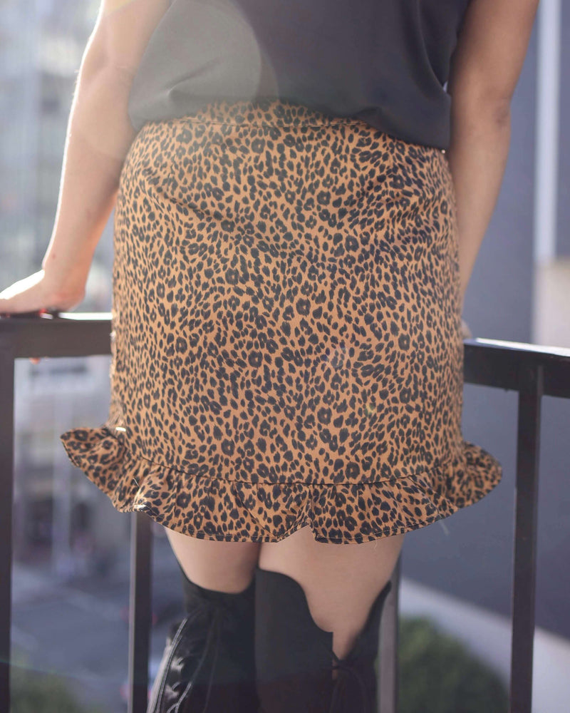 Satin Tan Ruffle Hem Faux Front Wrap Mini Skirt in Leopard Print