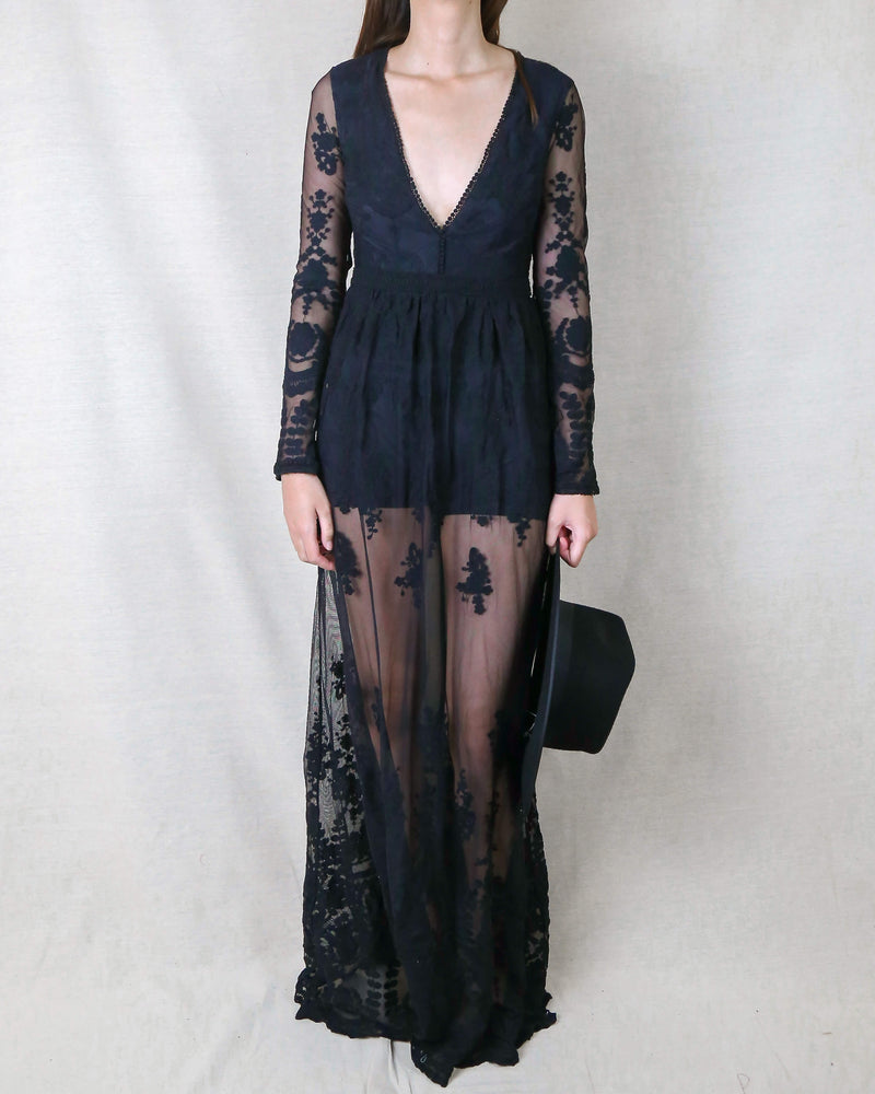 maxi romper - dress - embroidered - lace - v neck - long sleeve - black