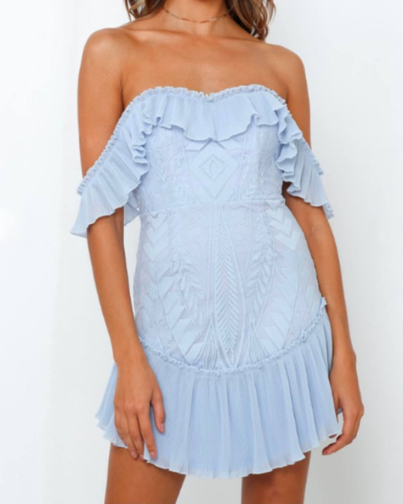 Lace off the Shoulder Pleated Ruffled Dress - More Colors
