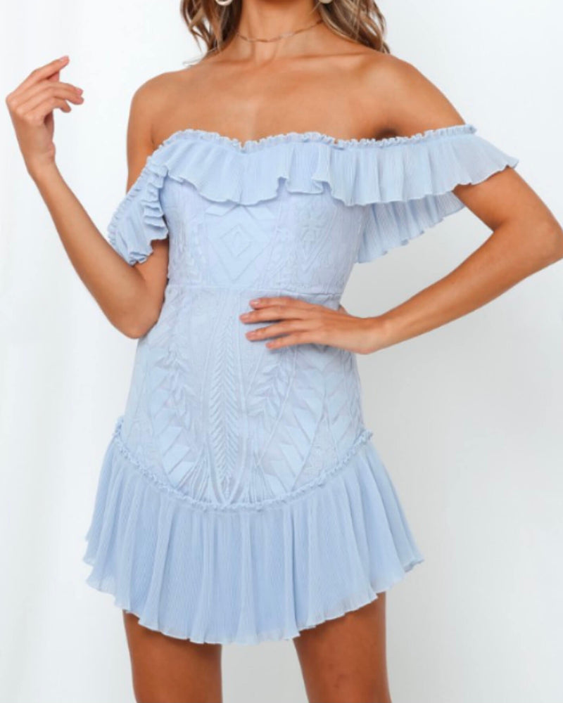 Lace off the Shoulder Pleated Ruffled Dress - More Colors