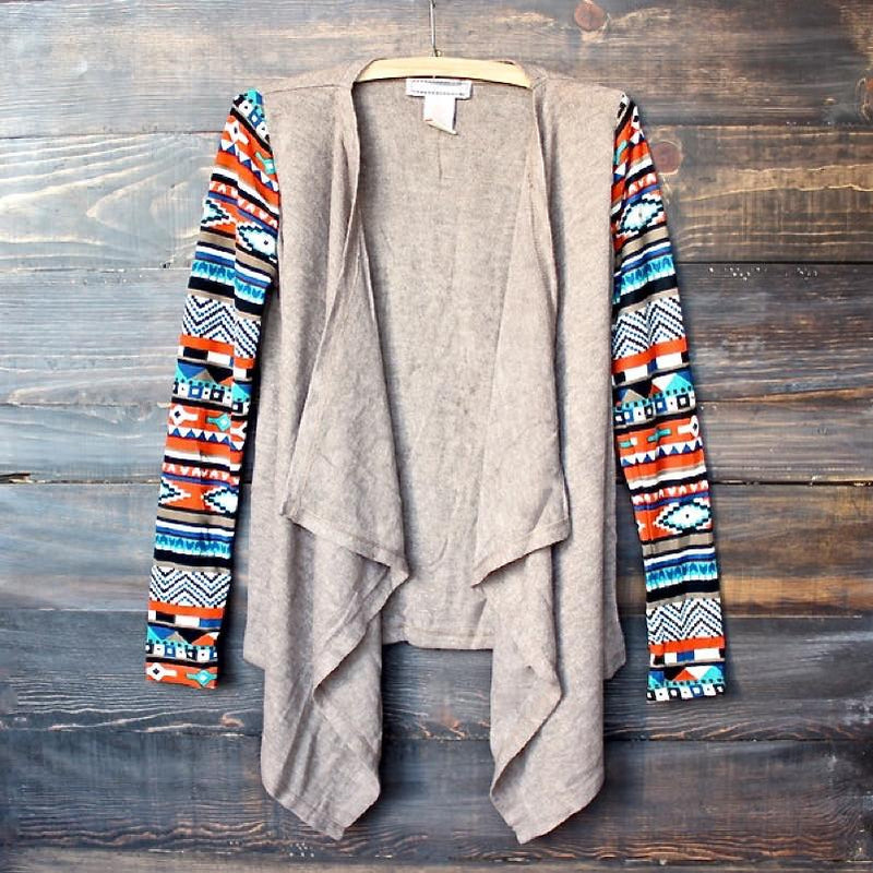 lightweight open front cascading cardigan with aztec print sleeves - taupe - shophearts - 1