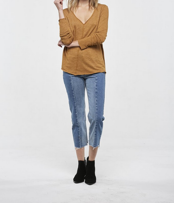 project social t - maria longsleeve v neck seamed sweatshirt - mustard - shophearts - 4