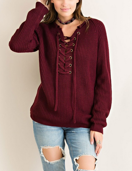 all tied up lace-up front sweater - burgundy - shophearts - 5
