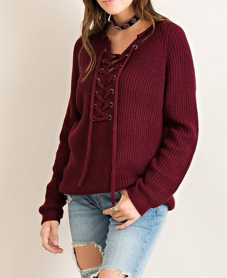 all tied up lace-up front sweater - burgundy - shophearts - 6