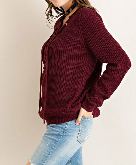 all tied up lace-up front sweater - burgundy - shophearts - 7