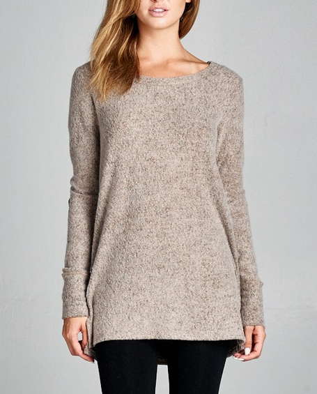 Final Sale - Button Back Long Sleeve French Terry Tunic Top - Mocha