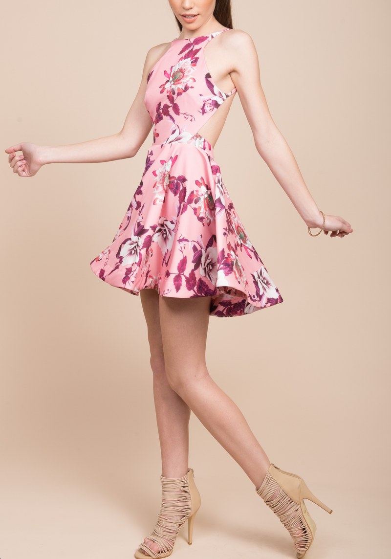 Floral Fit + Flare Open Back Dress in Pink Floral Dreams