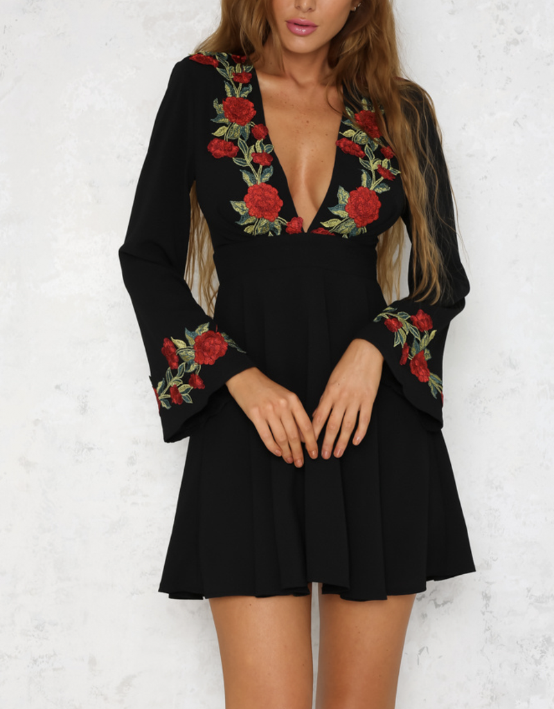 Waste the Night Long Sleeve Dress with Rose Patches in Black