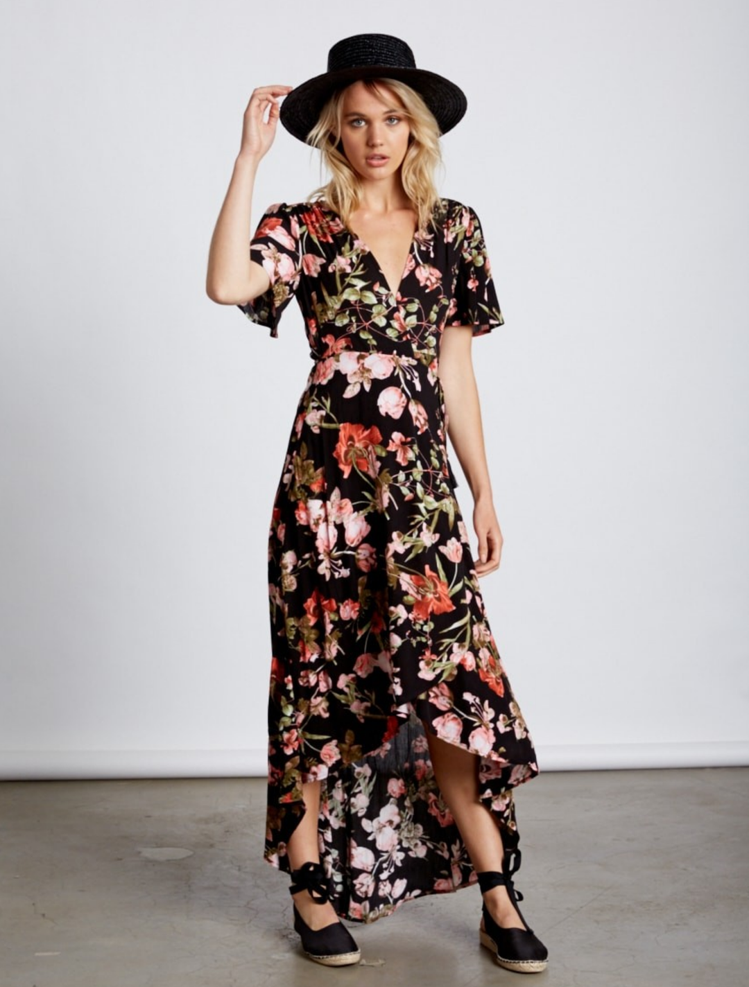 Final Sale - Cotton Candy LA -High-Low Wrap Dress - Floral Black Shop Hearts Final Sale - Cotton Candy LA -High-Low Wrap Dress - Floral Black Shop Hearts