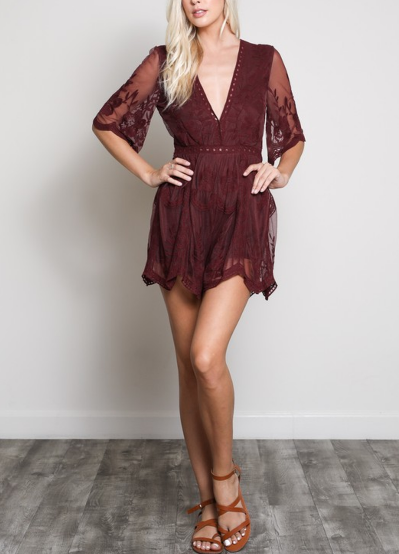as you wish wild honey honey punch SHORT SLEEVE EMBROIDERED DEEP V LACE ROMPER BURGUNDY