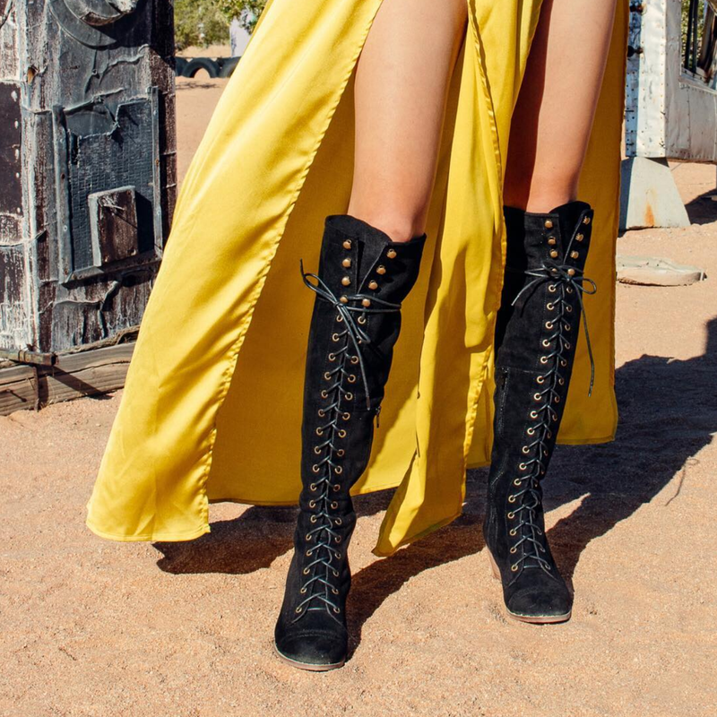Black suede lace up knee high boots deals