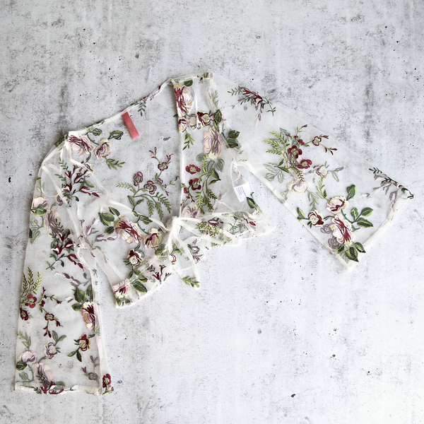 Floral Embroidered Sheer Quarter Length Sleeve Crop Top in White Floral