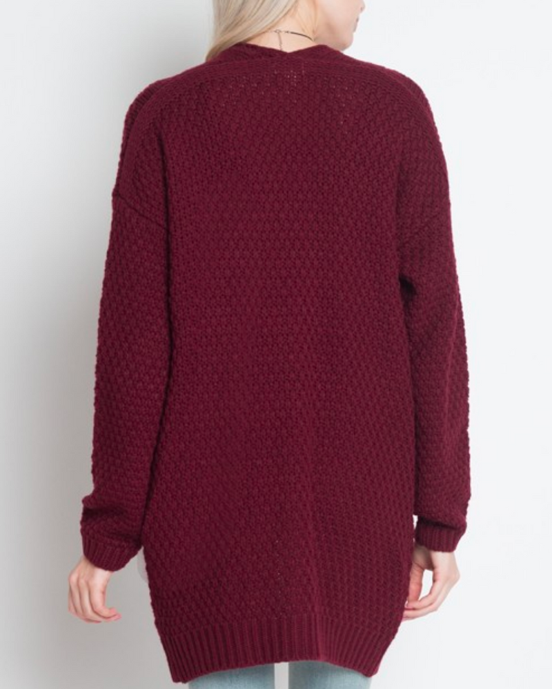 Final Sale - Dreamers by Debut Cable Knit Open Cardigan - Burgundy