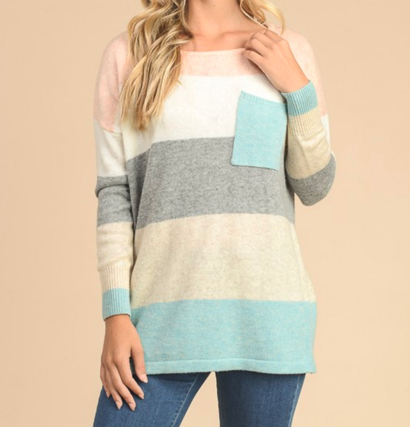 Eden Long Sleeve Color Block Sweater Tunic in Blue Multi