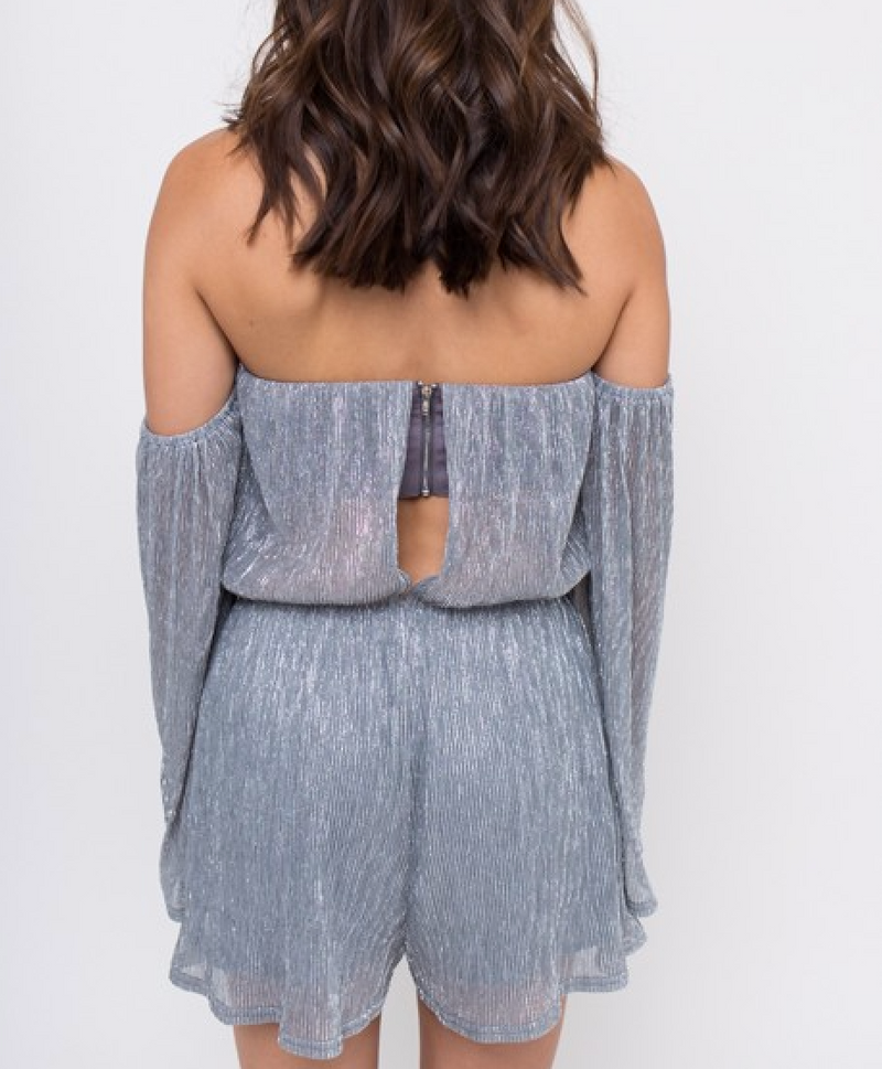 Final Sale - 4SI3NNA - Shimmer and Shine Off the Shoulder Metallic Romper in Silver