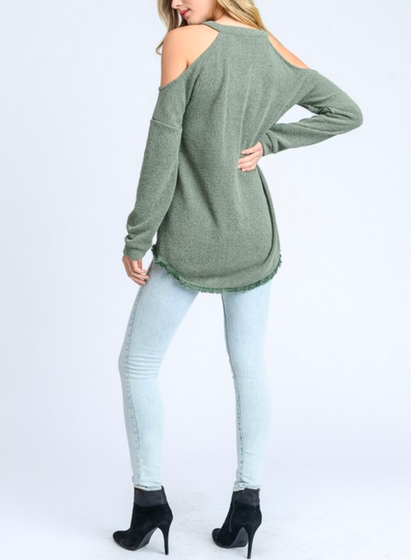 Final Sale - Cold Shoulder Knit Sweater with Frayed Hem - Green Tea