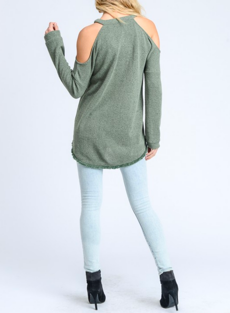 Final Sale - Cold Shoulder Knit Sweater with Frayed Hem - Green Tea