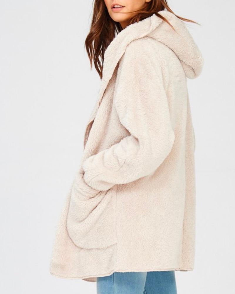 Open Front Faux Fur Sherpa Cardigan With Hoodie in Taupe
