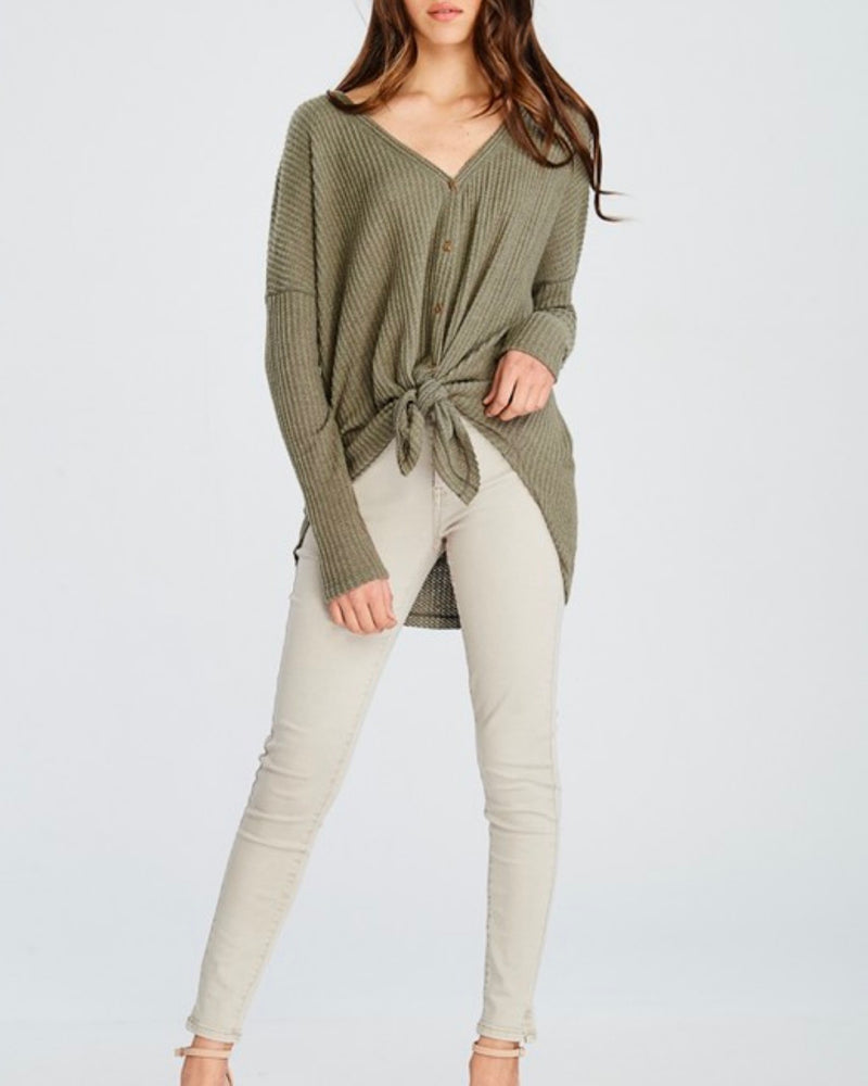 EVA Long Sleeve Thermal Waffle Knit V-Neck Button Down Lightweight Sweater in Olive