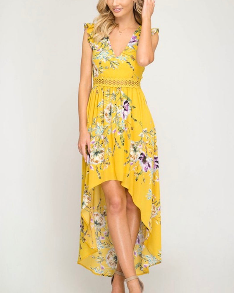 Short Ruffle Sleeve Floral Print High Low Maxi Dress in Mustard