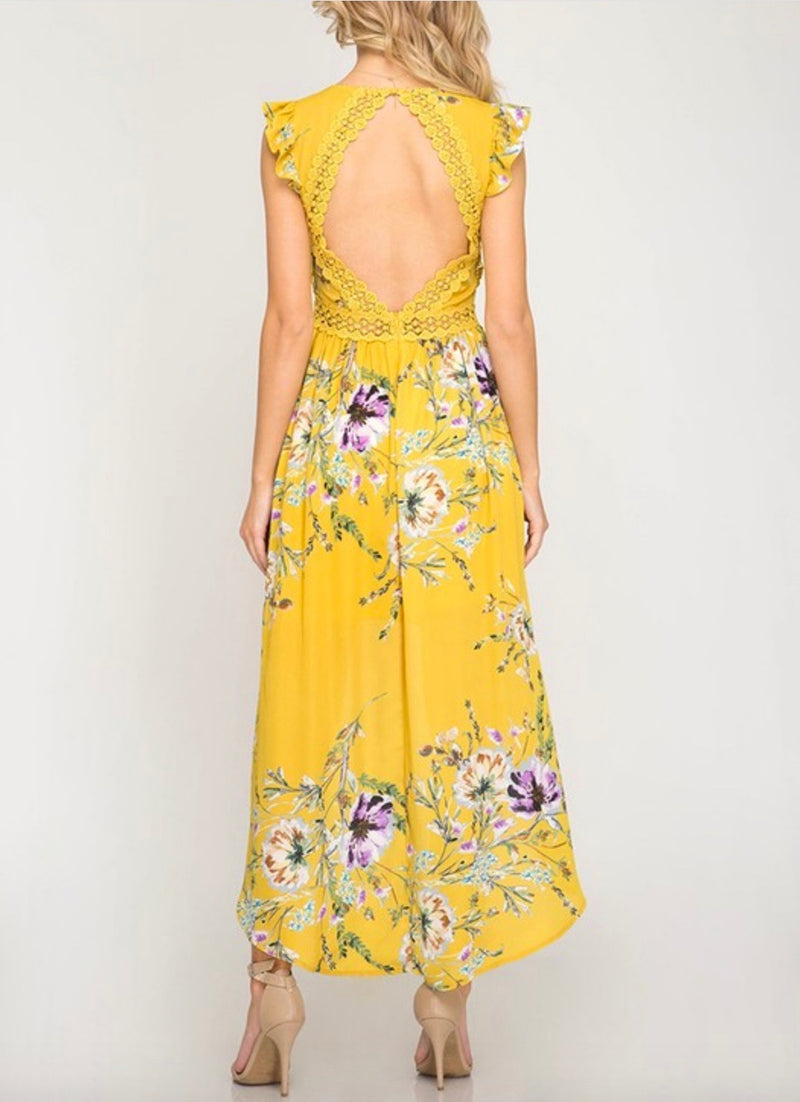 Short Ruffle Sleeve Floral Print High Low Maxi Dress in Mustard