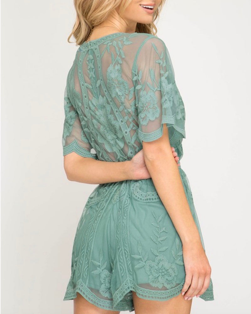 For What It's Worth Lace Romper in Slate Green