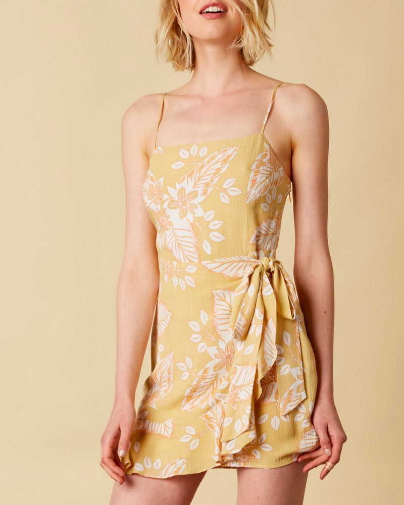 Cotton Candy LA - Rayon Floral Wrap Dress with Ruffle Hem in Maize