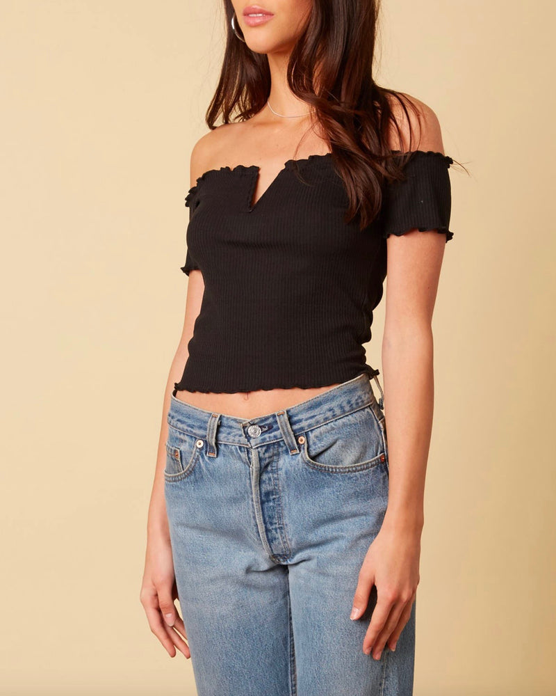 Cotton Candy LA - Not One Bit Ribbed Off The Shoulder Crop Top in Black