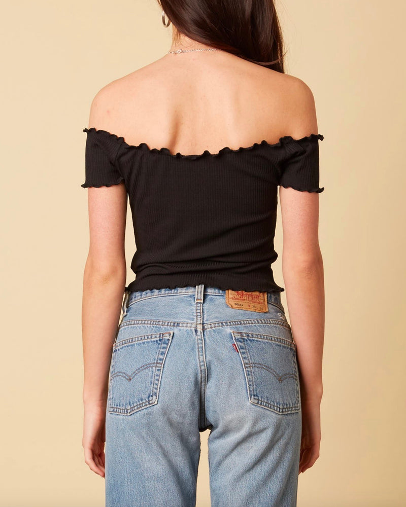 Cotton Candy LA - Not One Bit Ribbed Off The Shoulder Crop Top in Black