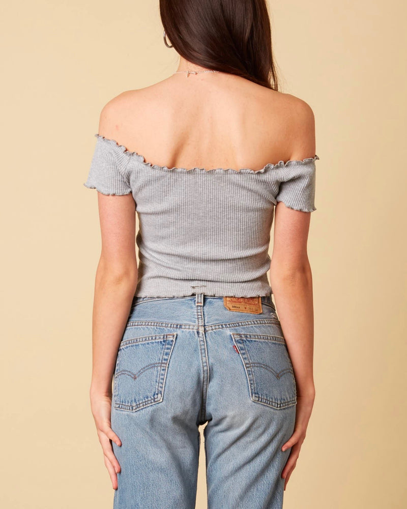 Cotton Candy LA - Not One Bit Ribbed Off The Shoulder Crop Top in Heather Grey