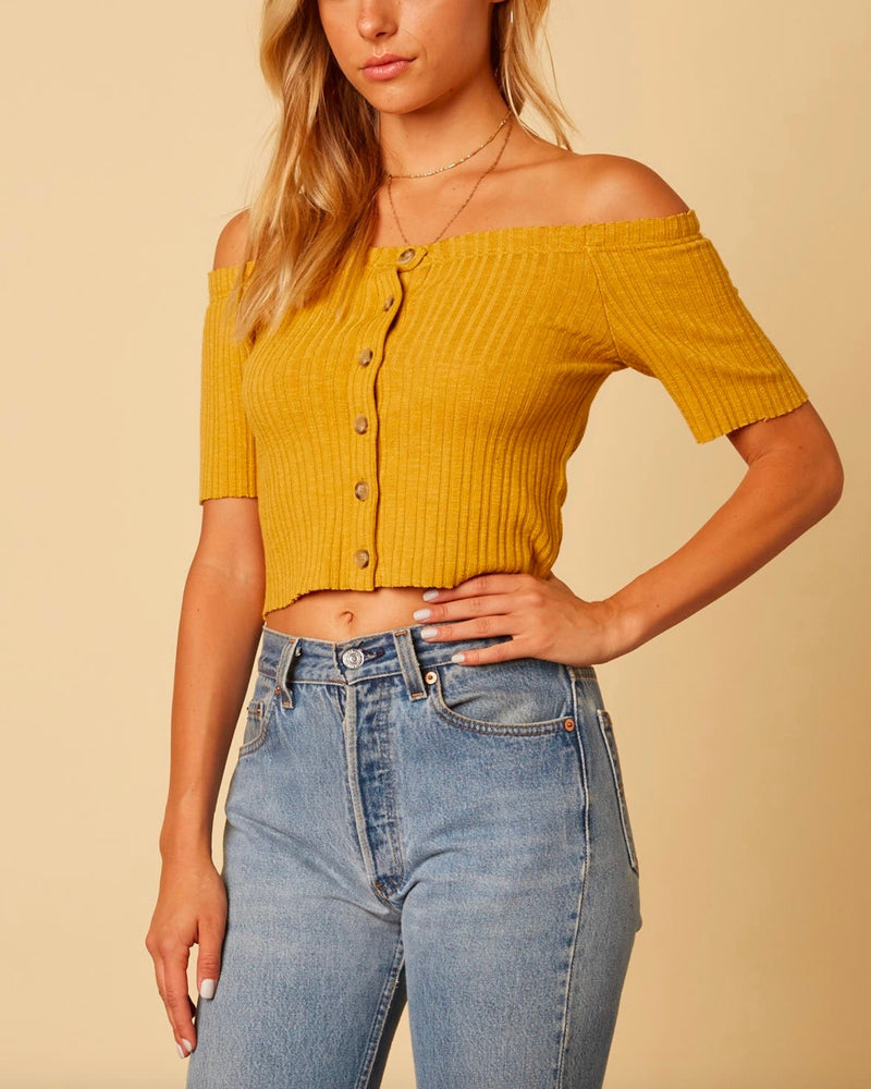 Cotton Candy LA - Button Up Knit Off The Shoulder Crop Top in Mustard