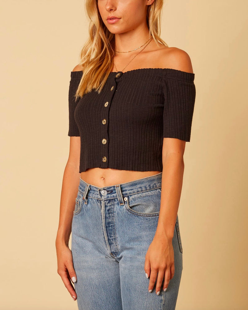 Cotton Candy LA - Button Up Knit Off the Shoulder Crop Top in Black