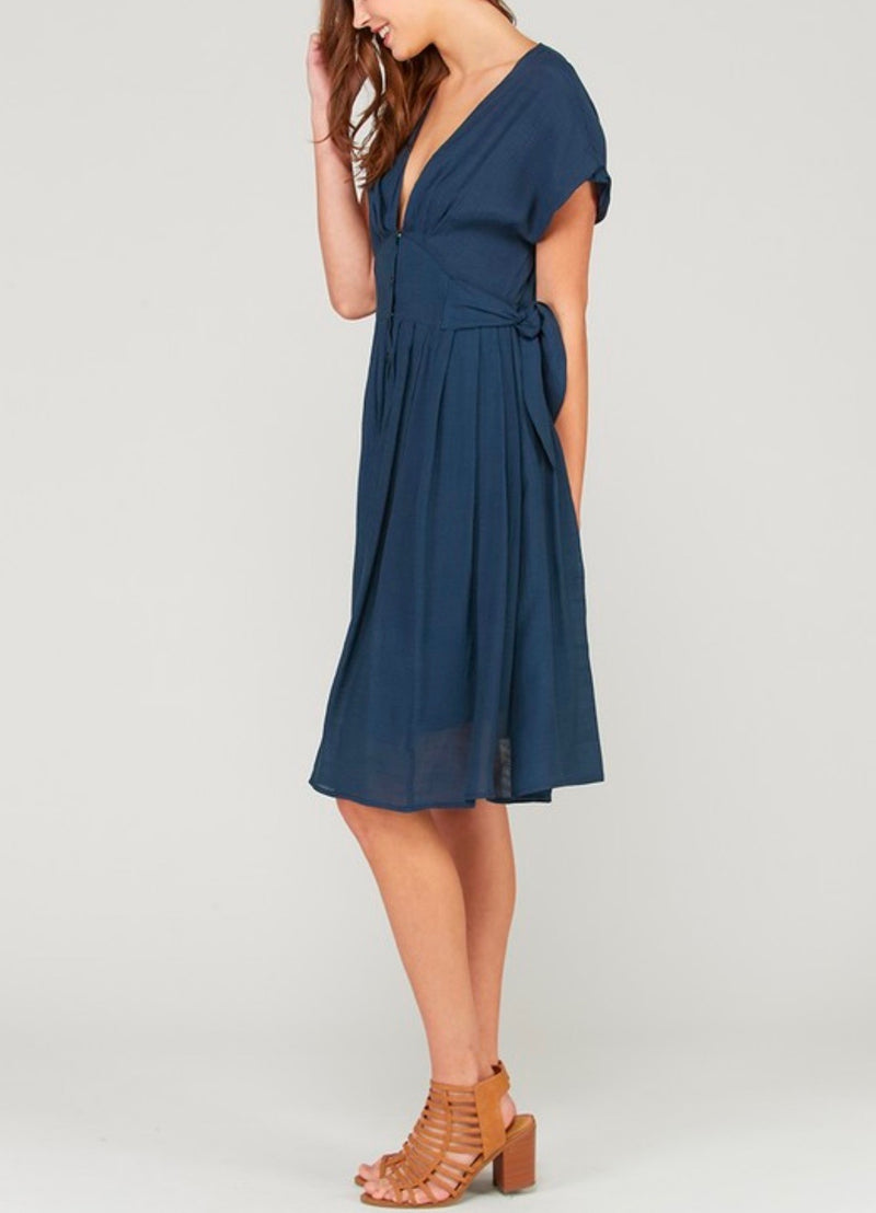 In The Air Woven V-Neck Button Down Empire Waist Dress in Navy