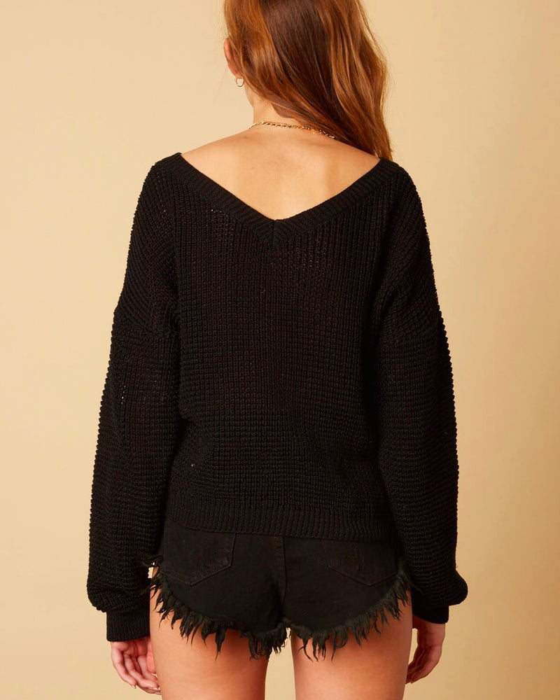 Cotton Candy LA - Plunging Twist Knot Front Sweater with Dropped Shoulder in Black