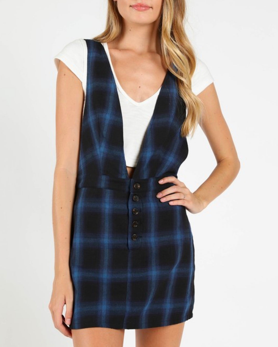 Wild Honey - Plaid V-Neck Pinafore Dress in Cobalt Shop Hearts Wild Honey - Plaid V-Neck Pinafore Dress in Cobalt Shop Hearts