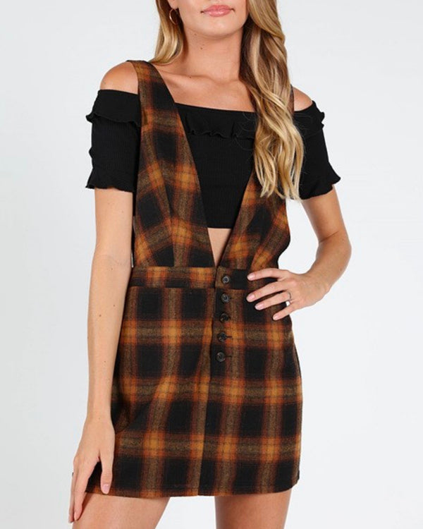 Wild Honey - Plaid V-Neck Pinafore Dress in Brown