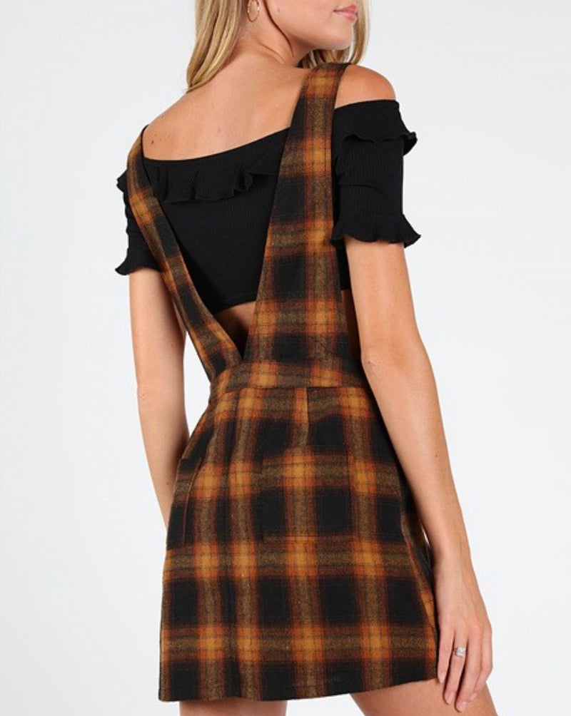 Wild Honey - Plaid V-Neck Pinafore Dress in Brown