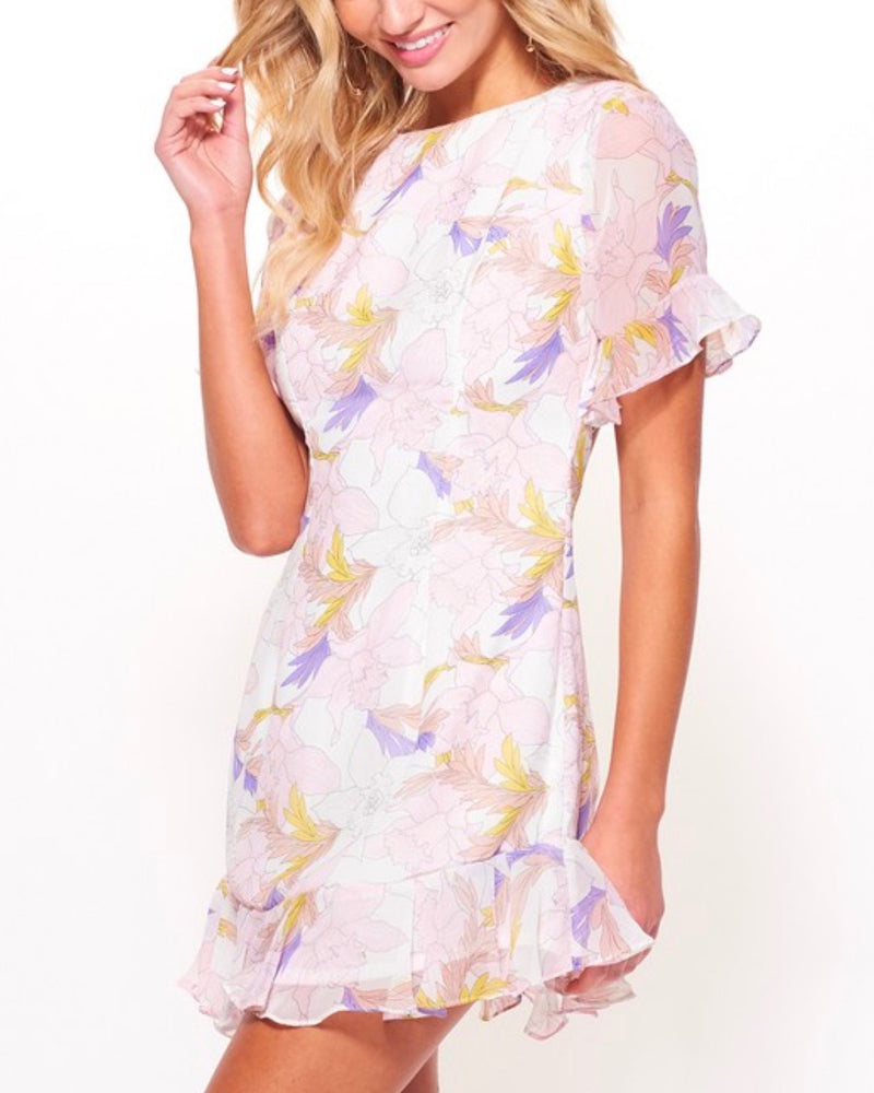 Open Back Floral Printed Chiffon Mini Dress in White